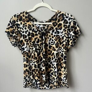 Vintage Y2K Leopard Print Top Women's Small Mesh Fitted Stretch Lettuce Hem